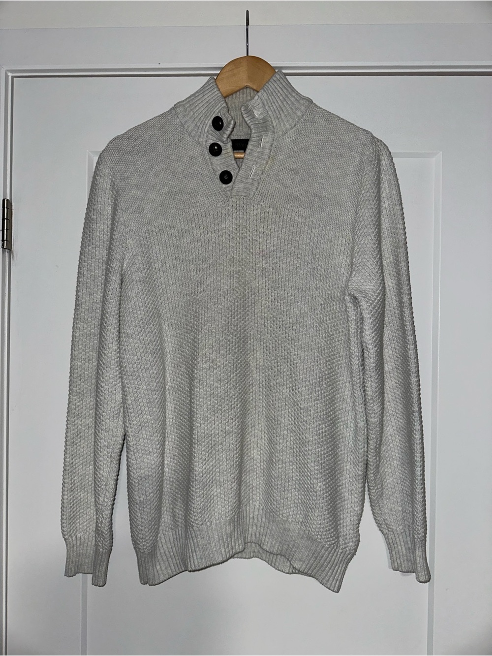RW&CO. Light Grey Button Neck Mock Neck Knit Sweater with Suede Elbow Patches
